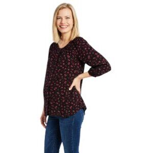 The Nines by Hatch Maternity Medium Smocked Neck 1/2 Sleeve Black Floral Top